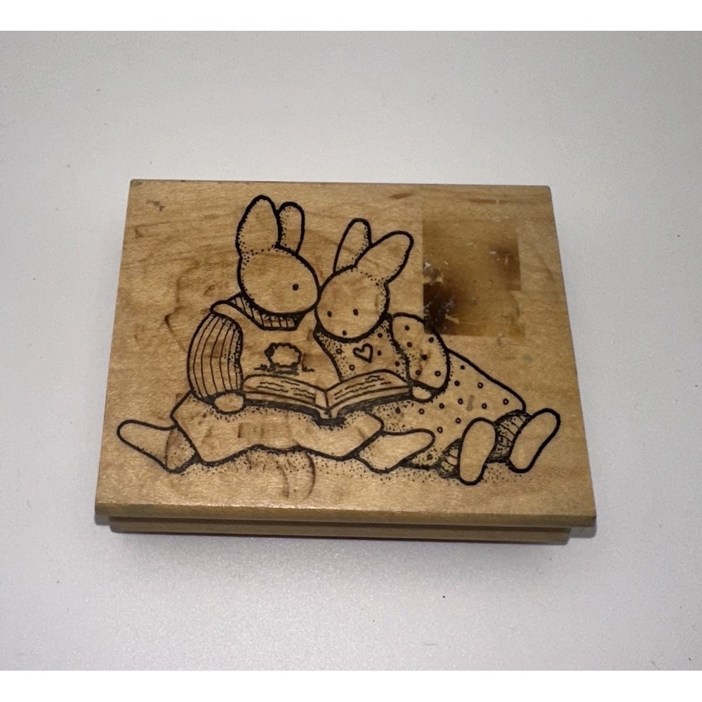 Daisy Kingdom Bunny Rabbits Reading Girls Wood Mount Rubber Stamp Vintage 1988